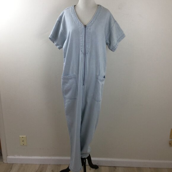 Frank and Oak Atelier Striped Bleached Chambray Denim Jumpsuit l - Picture 2 of 9